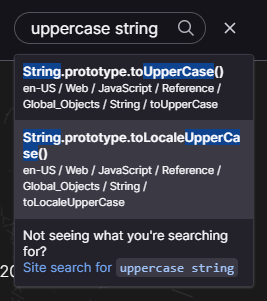 This image shows a search query of &quot;uppercase string&quot; on MDN.