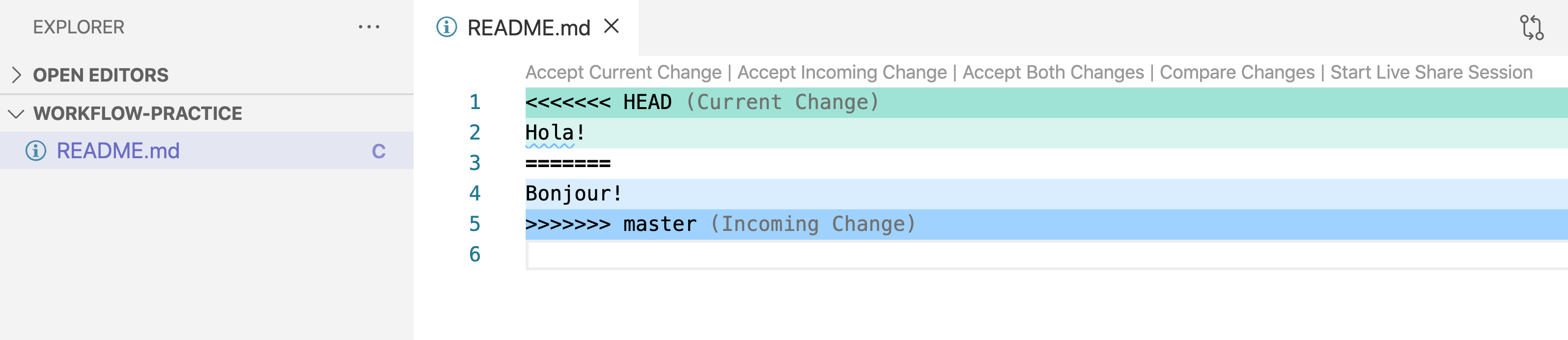 Image shows the merge conflict in VS Code.