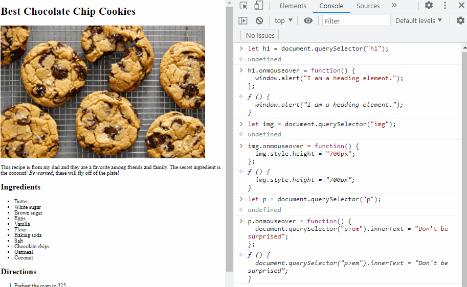 This gif shows the above example in the cookie recipe that targets mouse events making the paragraph, image, and H1 elements change.