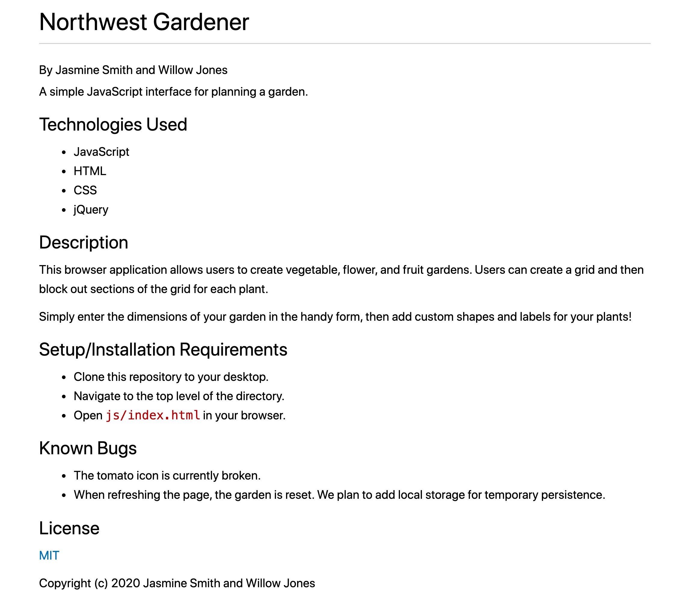 This sample README for a Northwest Gardener application shows all of the basic requirements from above.