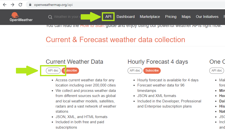 This shows the APIs tab on OpenWeatherMap.org. We&#39;ve scrolled down on this page to find the _Current Weather Data_ API. This also highlights the _API Docs_ button that we&#39;ll want to click to get to the documentation for the _Current Weather Data_ API.