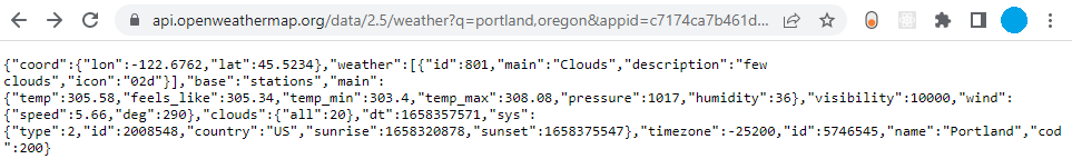 Current weather conditions in JSON format.