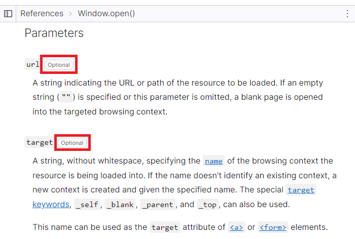 This image shows how two window.open() parameters are listed as &quot;Optional&quot;.