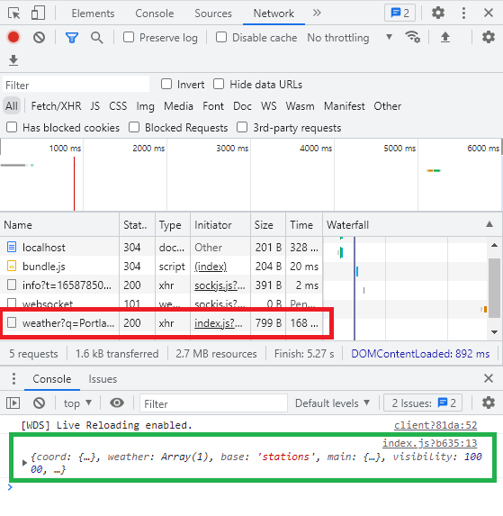 This image highlights our OpenWeather API call in the DevTools _Network_ tab, as well as the response object that&#39;s automatically added to the console.