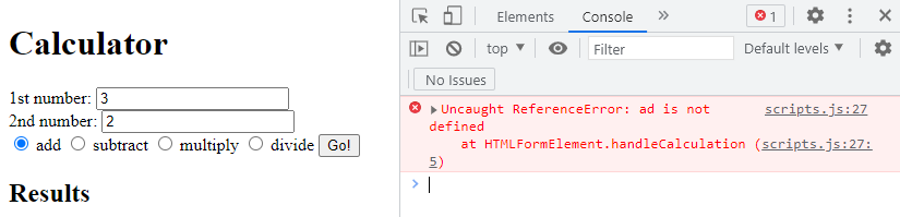 This image shows the console error after submitting the form to calculate the addition of 3 and 2.