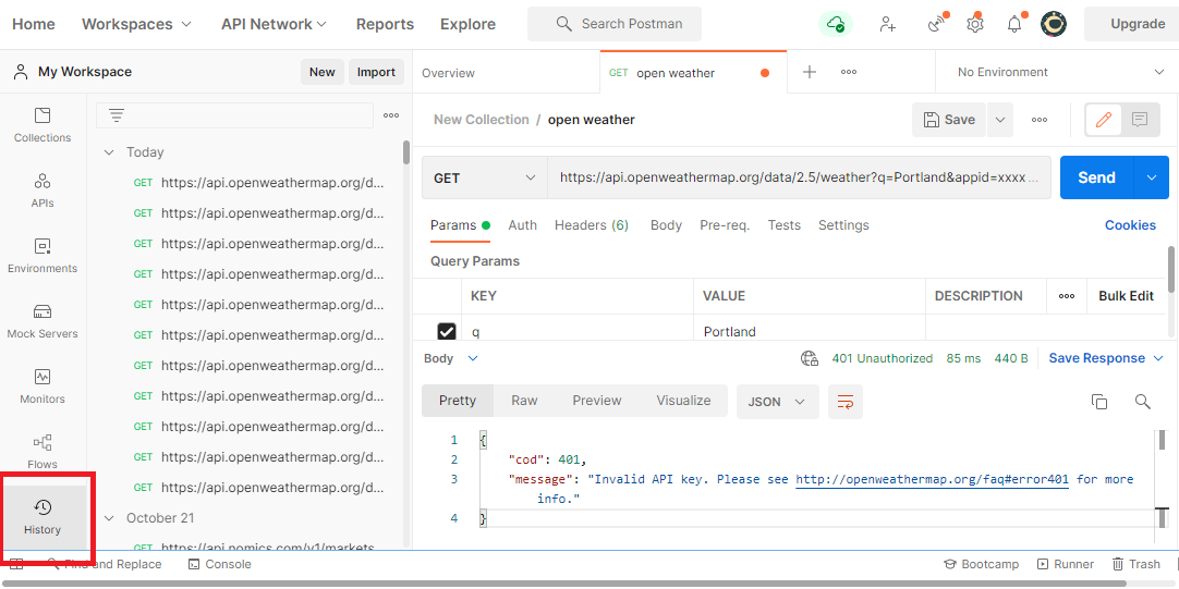 This shows the Postman overview tab with the options to create a new request highlighted in red circles.