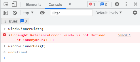 The DevTools console shows two errors related to `wndow.innerWidth` and `window.innerHeigt`.