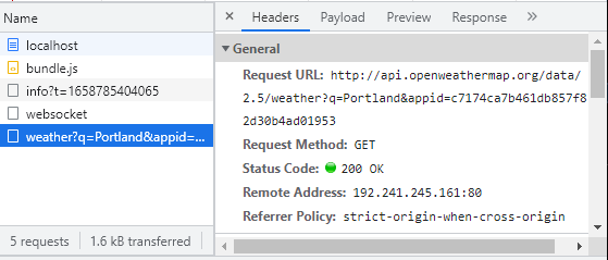 This shows the _Headers_ tab opened in the _Network_ tab for our OpenWeather API call.