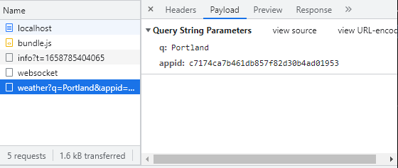 This shows the _Payload__ tab opened in the _Network_ tab for our OpenWeather API call.