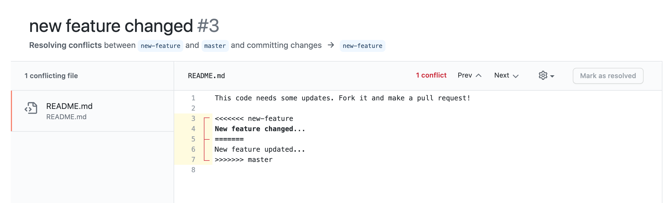 GitHub UI shows the merge conflict.