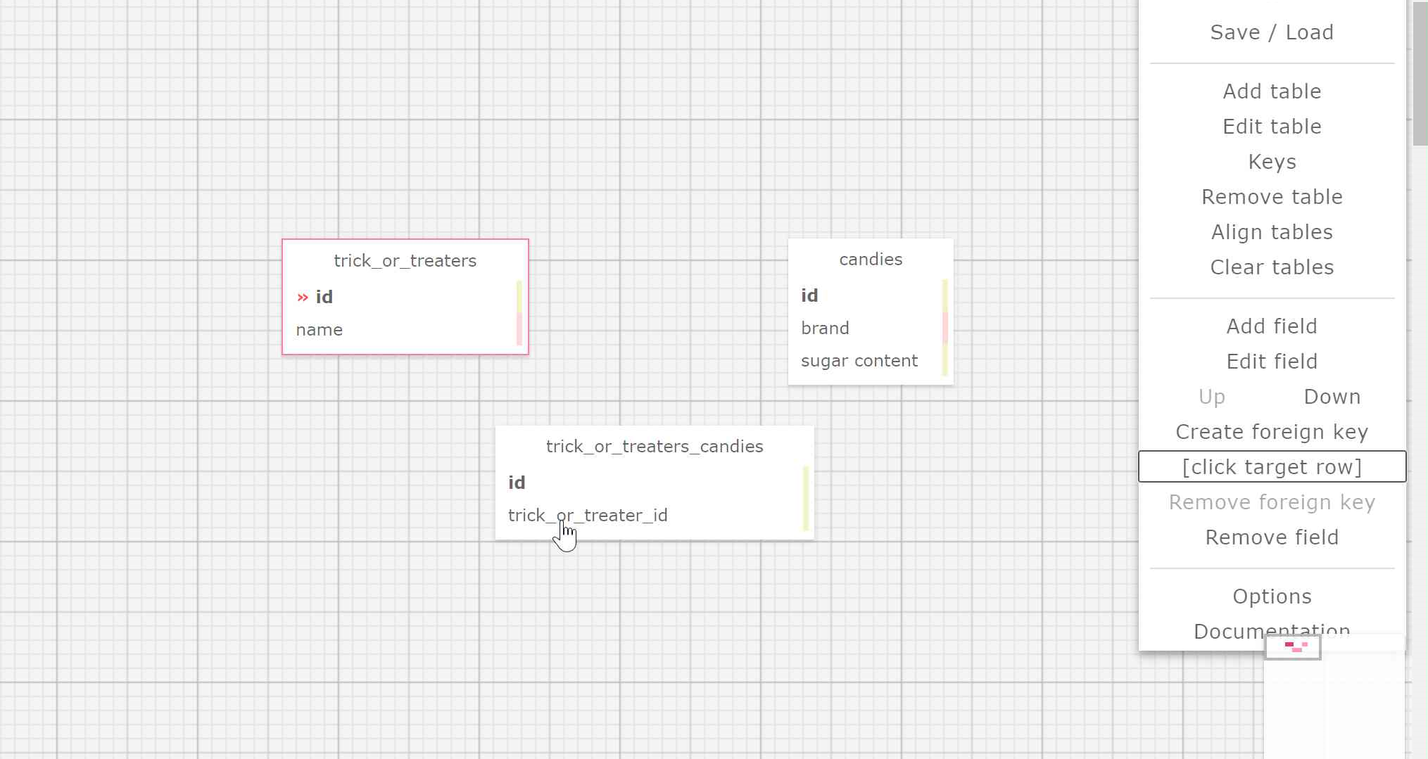 This screen shows three tables. One table has an id attribute selected, another table has an attribute highlighted, and SQL designer tools has Connect Foreign Key tool selected.