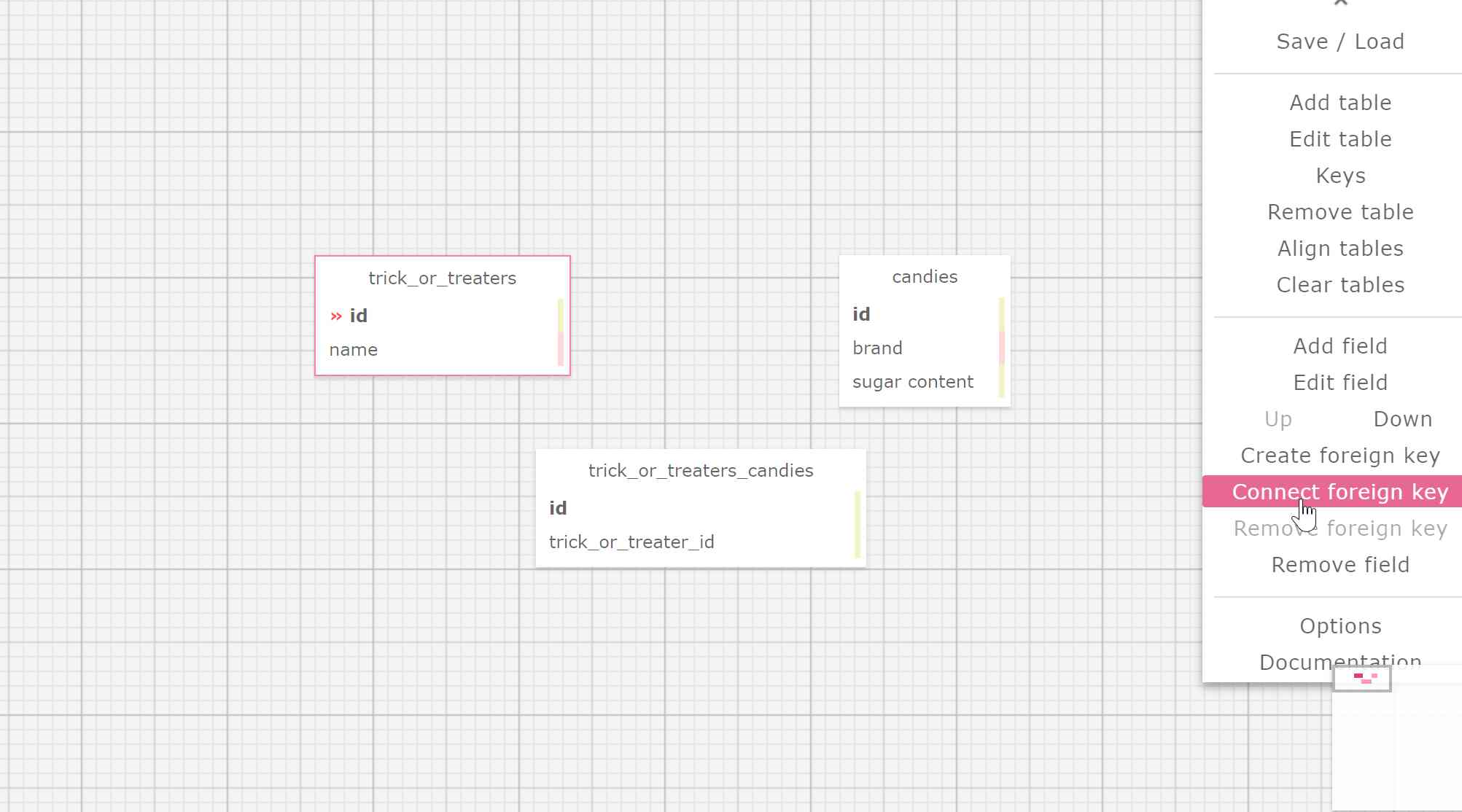 This screen shows three tables. One table has an id attribute selected while SQL designer tools has Connect Foreign Key tool highlighted.