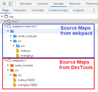 This image shows two sets of source maps in the DevTools _Sources_ tab: one from DevTools and the other from webpack.