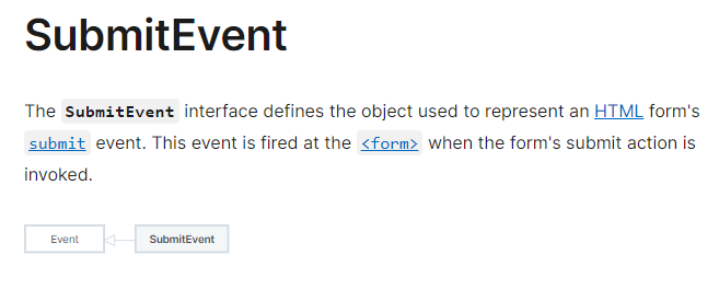 This image shows the reference page on MDN for `SubmitEvent` and the graphic that demonstrates how `SubmitEvent` inherits functionality from the `Event` object.