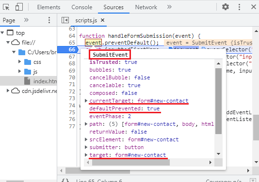 This image shows the _Sources_ tab opened with a breakpoint added to the Address Book&#39;s scripts.js file right below the code `event.preventDefault()` in the `handleFormSubmission()` UI function.