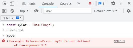 This shows the DevTools console open and an Uncaught ReferenceError by referencing a variable that doesn&#39;t exist.