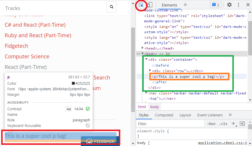 This image shows the process of inspecting the newly added p tag with in the Elements tab of the DevTools console.