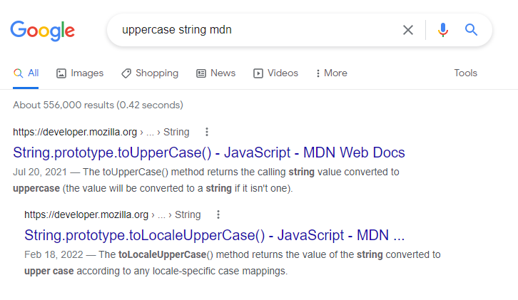 This image shows a search query of &quot;uppercase string mdn&quot; on Google and the first two returns are resources on MDN.