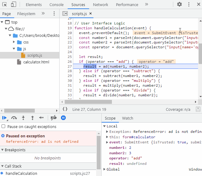 This gif shows how we can hover over the variables in scope to get their values.