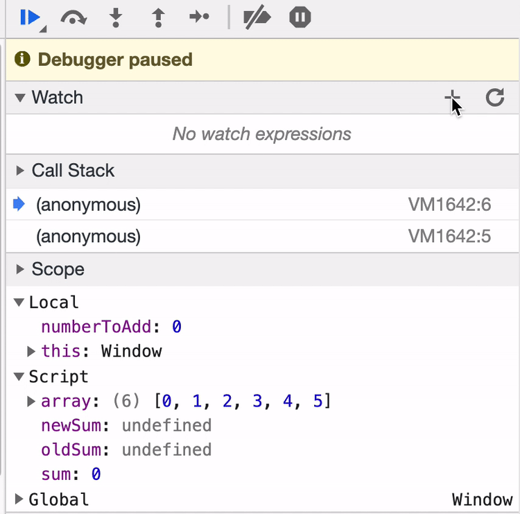 We can watch variables by adding them in the _Watch_ tab in _Sources.