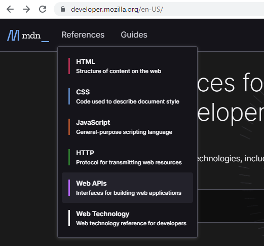 This image shows the References menu on the MDN homepage expanded, and the option for Web APIs highlighted.