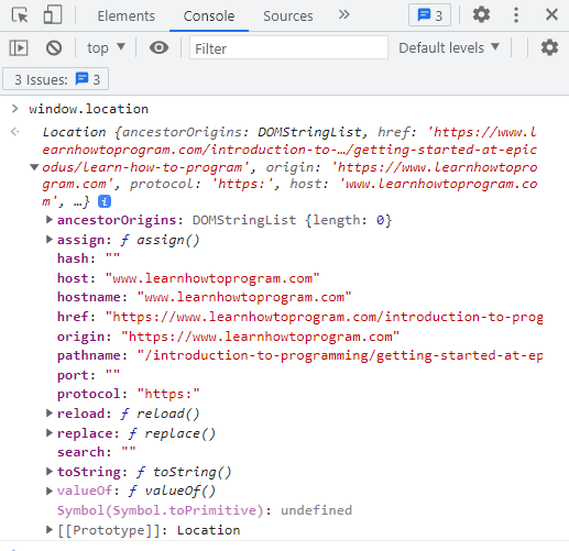 This image shows the window.location object expanded