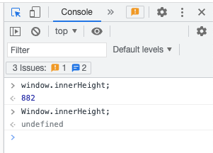 This image shows that we can&#39;t access `Window` directly by showing how `undefined` is returned when we enter `Window.innerHeight` into the DevTools console.