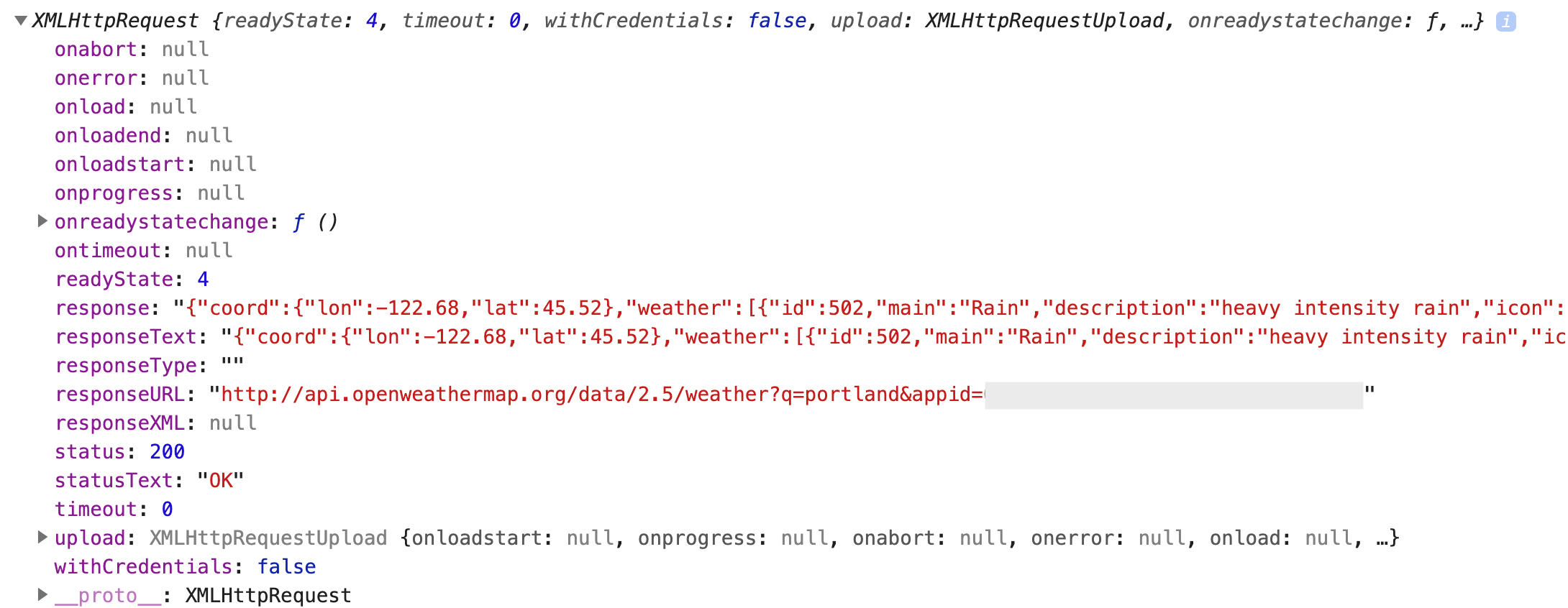 This image shows the properties of an XMLHttpRequest object. It has a lot of properties.