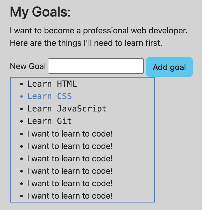 The site preview shows "I want to learn to code!" being appended many times.